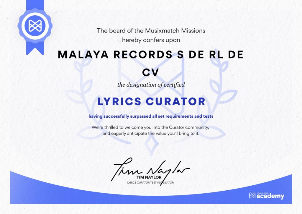 Lyrics Curator Certificate